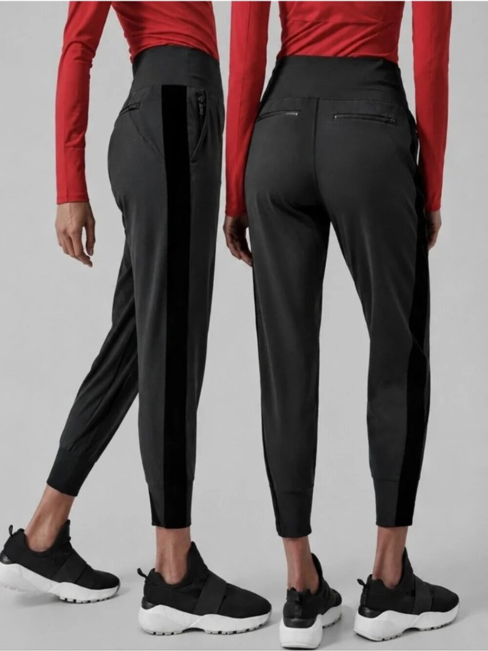 Athleta Venice Velvet Stripe Joggers Womens Medium Black Sculptek Light Athleisu
